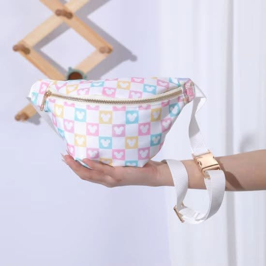 Pastel Checkered Mouse Belt Bag | Cute Disney-Inspired Fanny Pack | Adjustable Crossbody Waist Bag for Women, Teens & Kids | Theme Park Travel Bag