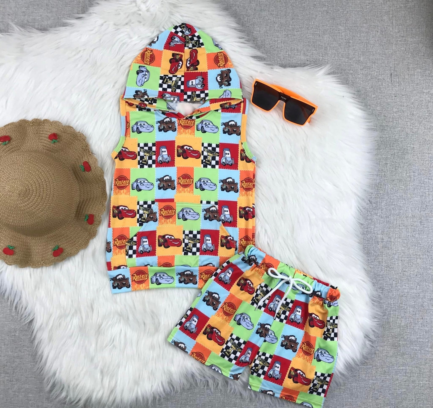Boys Race Car Hoodie Short Set | Lightning Racing Summer Outfit | Toddler & Kids Matching Lounge Set