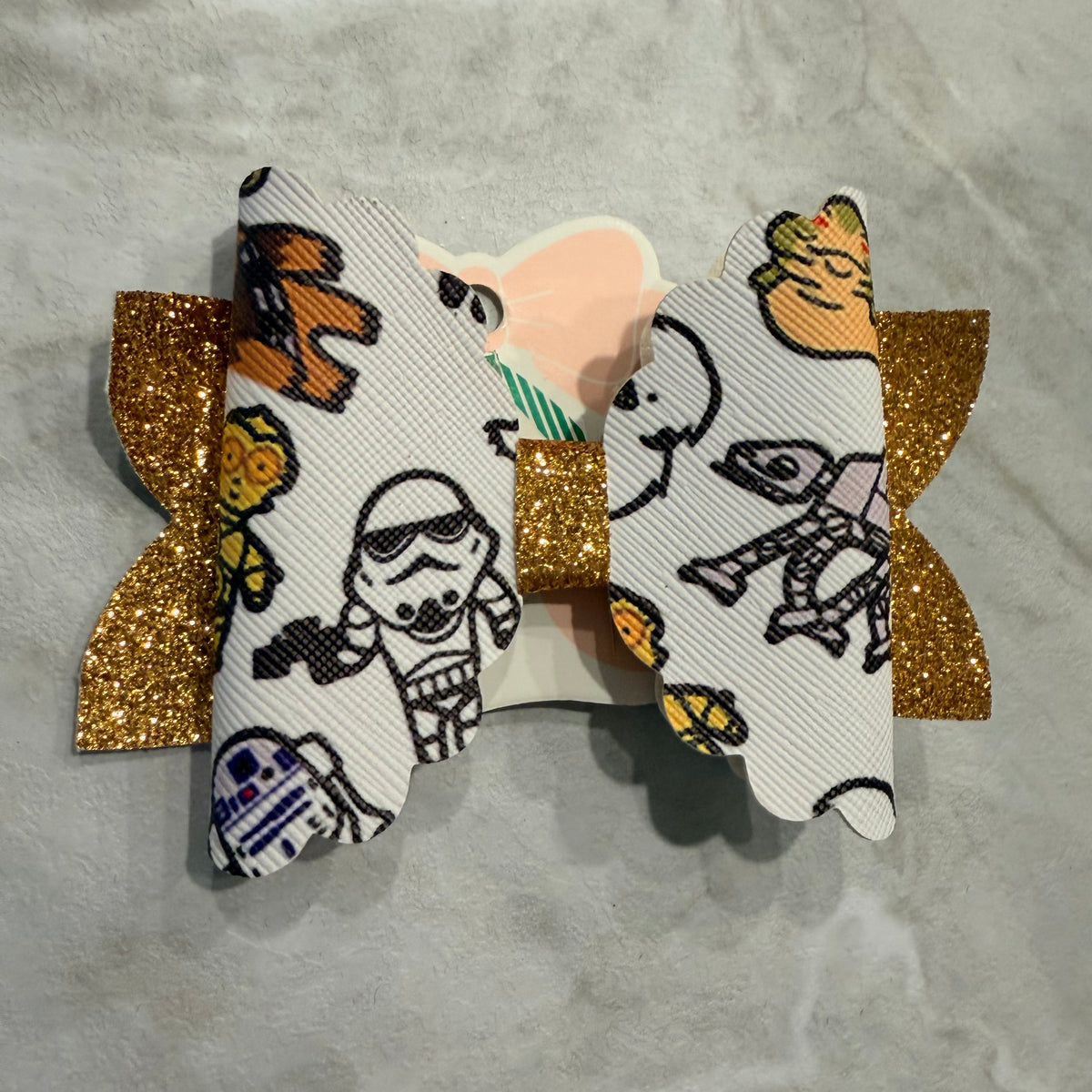 4” Space Adventure Character Print & Gold Glitter Hair Bow | Girls’ Handmade Hair Bow