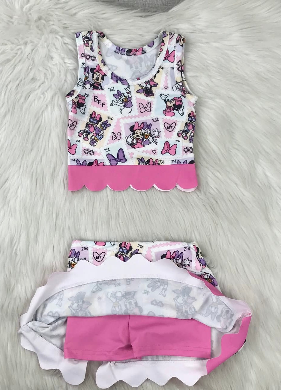 Girls Pink Main Street Best Friends Scalloped Tank Top and Bow Skirt Set, Park Outfit, Matching Family Vacation Wear