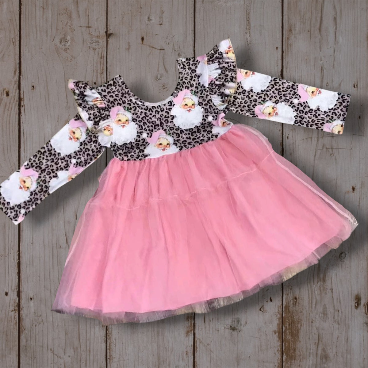 Girls Pink Santa Leopard Tulle Christmas Dress | Holiday Boutique Dress