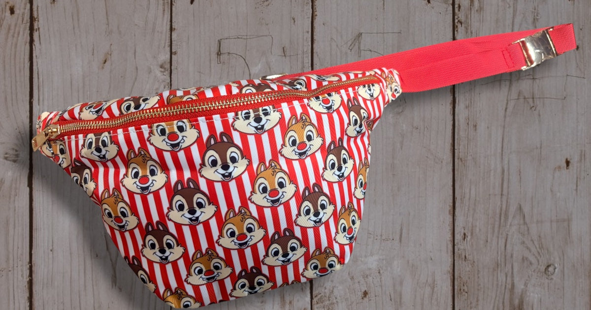 Chip & Dale Red & White Striped Belt Bag | Character Print Fanny Pack | Disney Inspired Crossbody Waist Bag | Fun Park Day Travel Bag