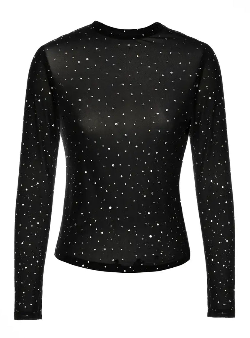 Sequin-Embellished Sheer Long Sleeve Tee.