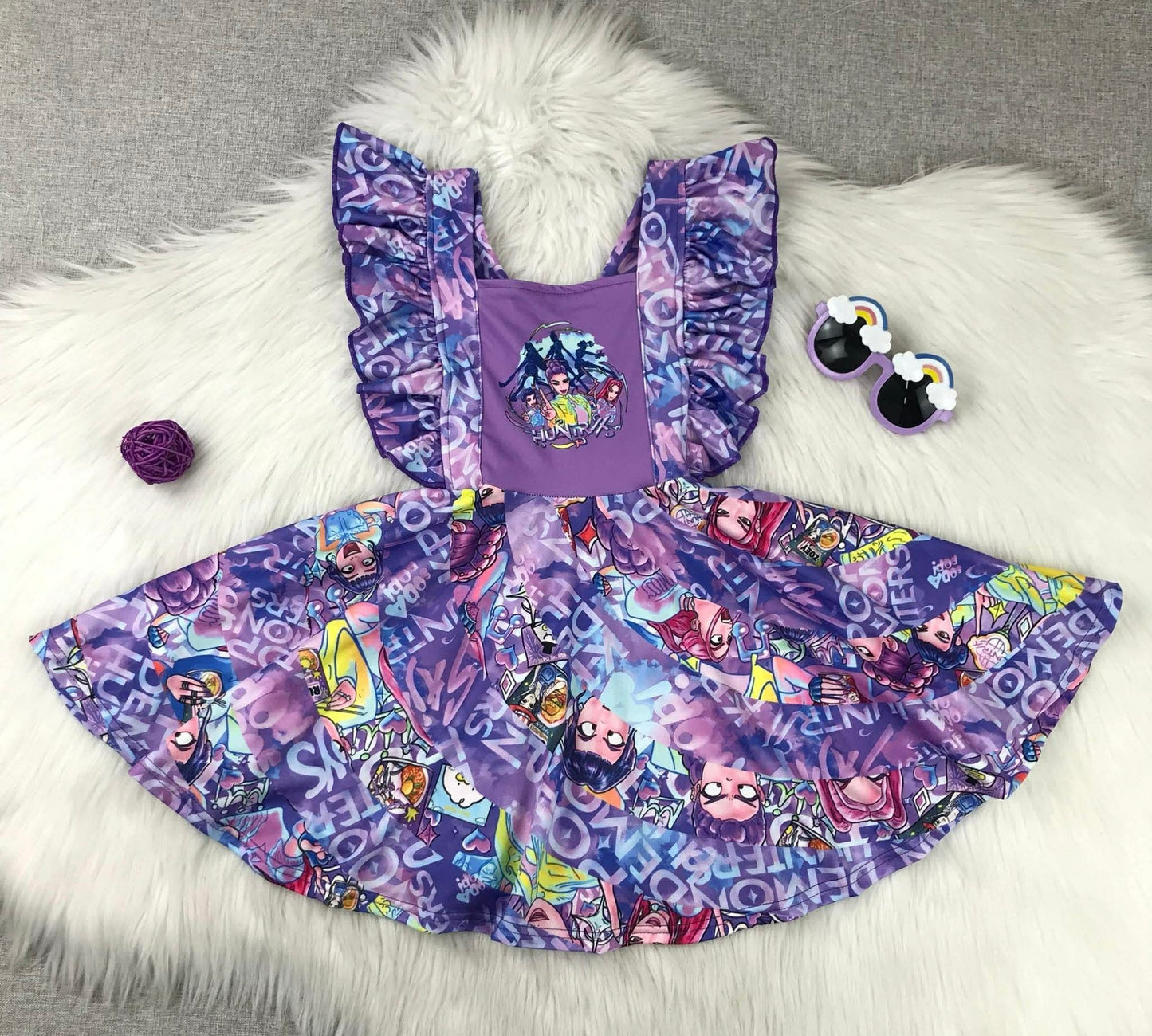 Huntrix Girls Dress | Purple Ruffle Sleeve Skater Dress | Trendy Cartoon Style Dress for Kids | Cute Everyday or Party Outfit