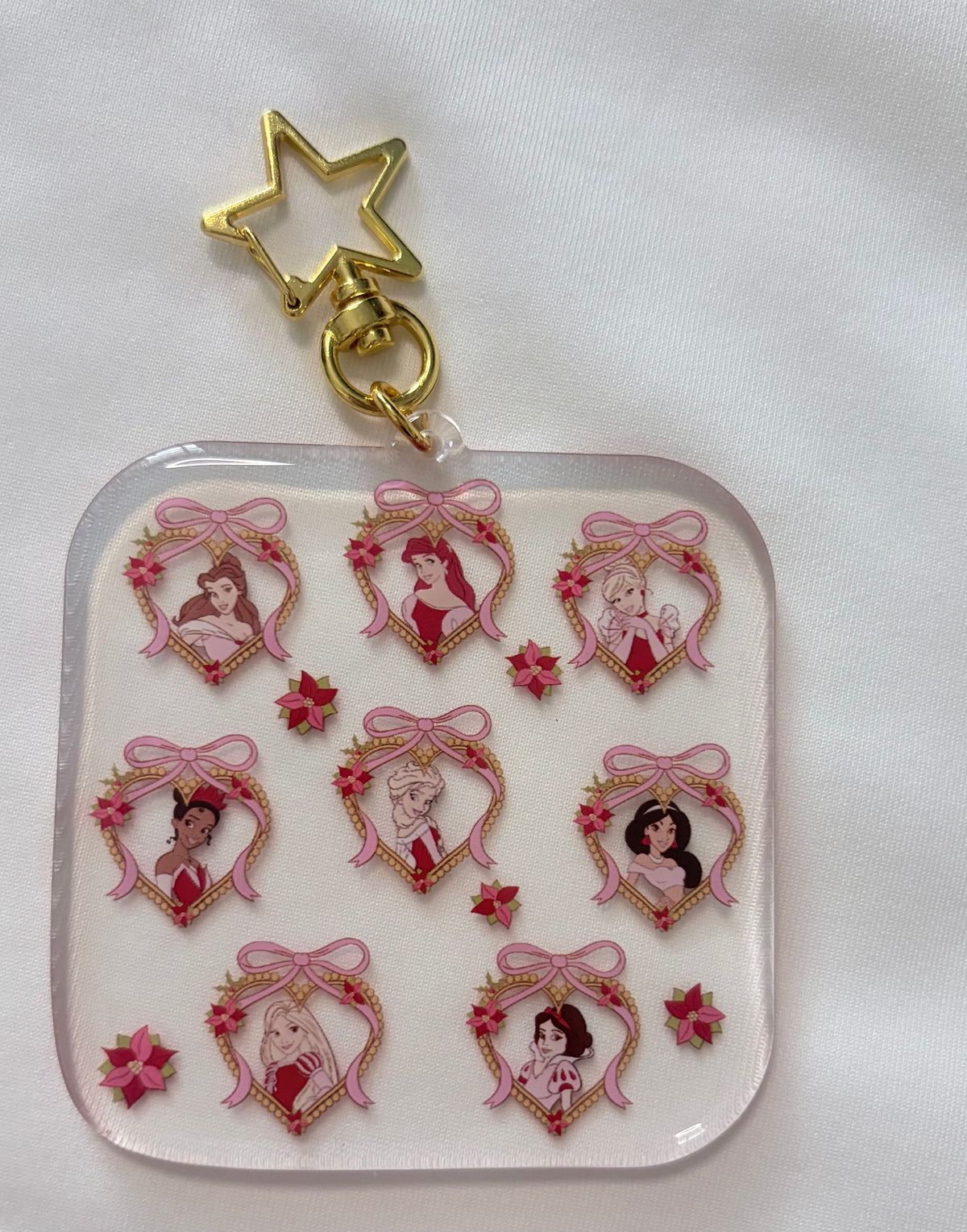 Christmas Princesses Bag Charm | Holiday Princess Acrylic Keychain | Christmas Theme Park Bag Accessory
