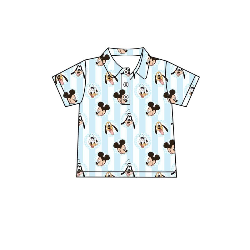 Magical Friends Polo Shirt for Boys | Mouse, Donald, Goofy & Pluto Collared Button Shirt | Park Outfit | Boutique Kids Clothing | Vacation Shirt | Blue Stripe Polo