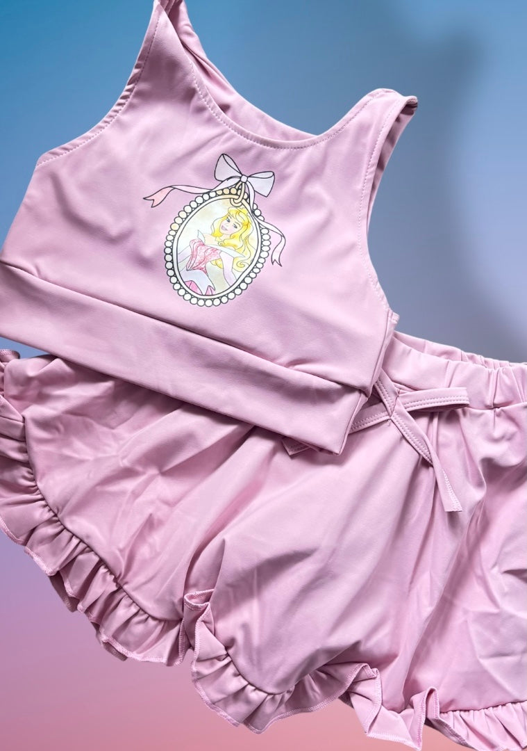 Sleeping Princess Girls Yoga Activewear Set β Pink Ruffle Skirt with Built-In Shorts & Crop Tank | Boutique Princess Outfit | Theme Park Outfit
