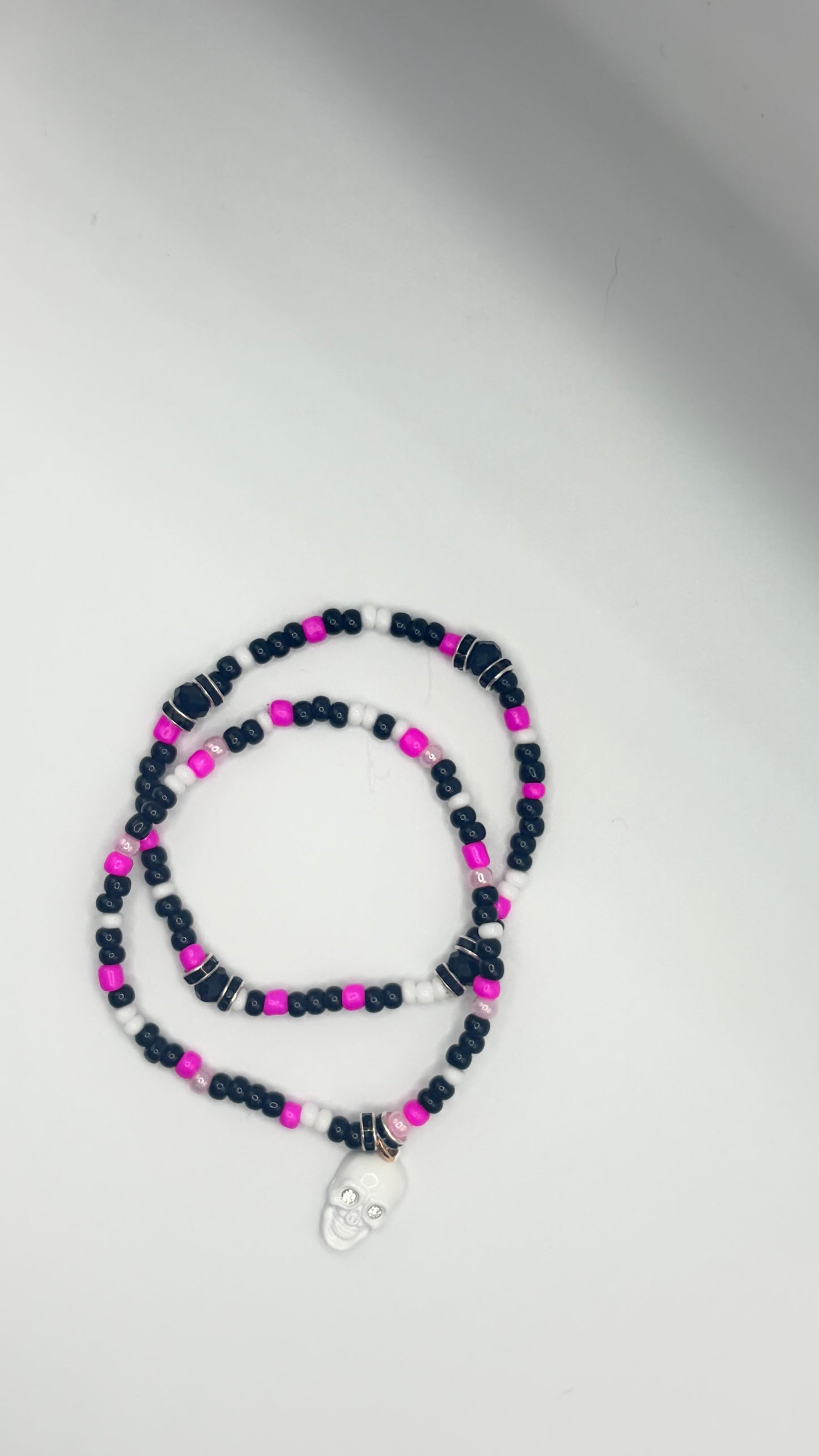 Spooky Season Beaded Bracelet | Handmade Pink Halloween Skull Stretch Bracelet | Girly Goth Stackable Jewelry | Theme Park Accessory