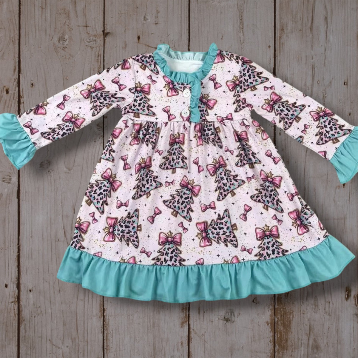 Girls Pink Leopard Christmas Tree Ruffle Dress | Holiday Boutique Dress