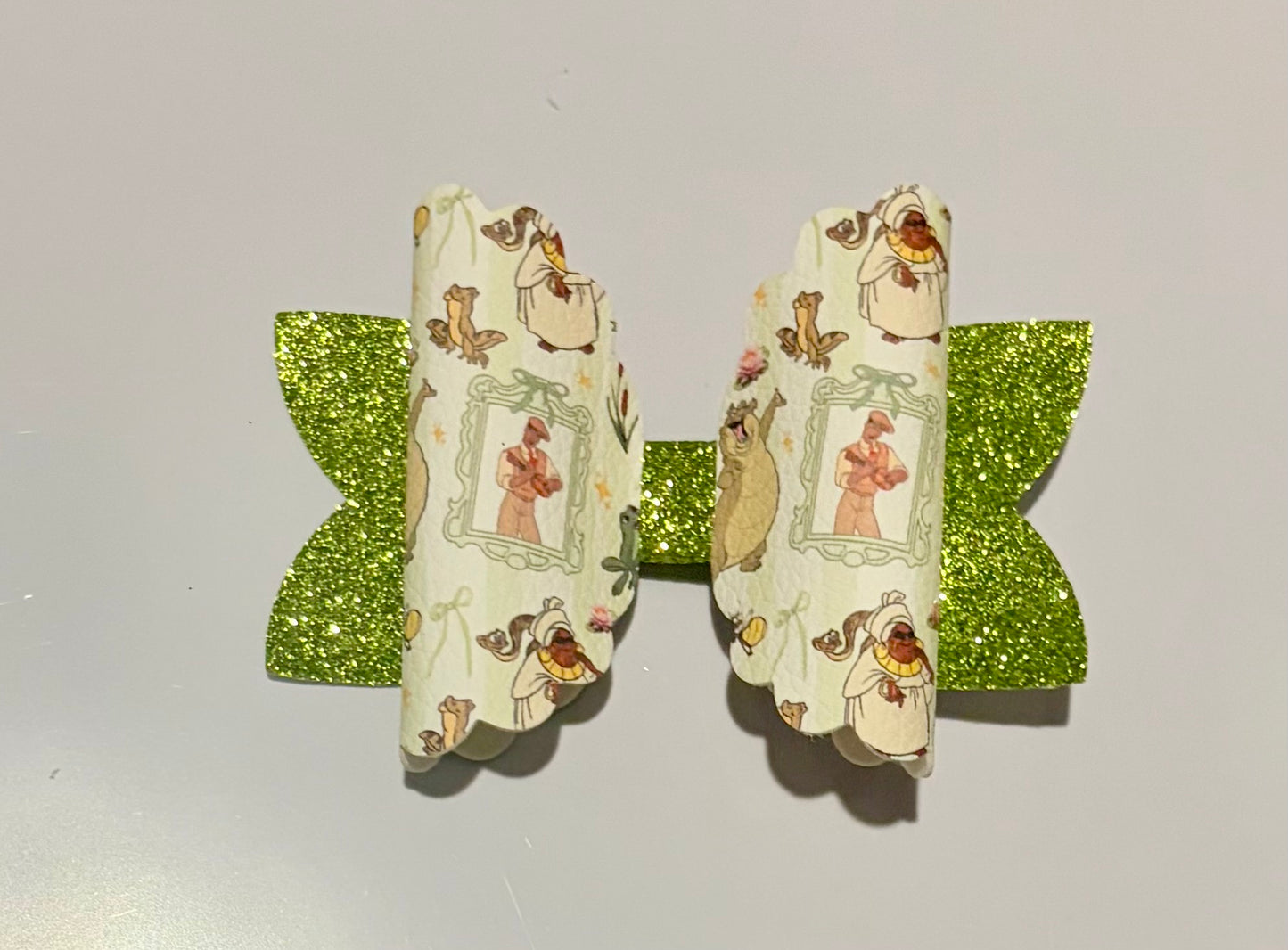 Tiana Inspired Princess Hair Bow | 4 Inch Handmade Girls Hair Bow | Green Glitter Disney Inspired Hair Accessory
