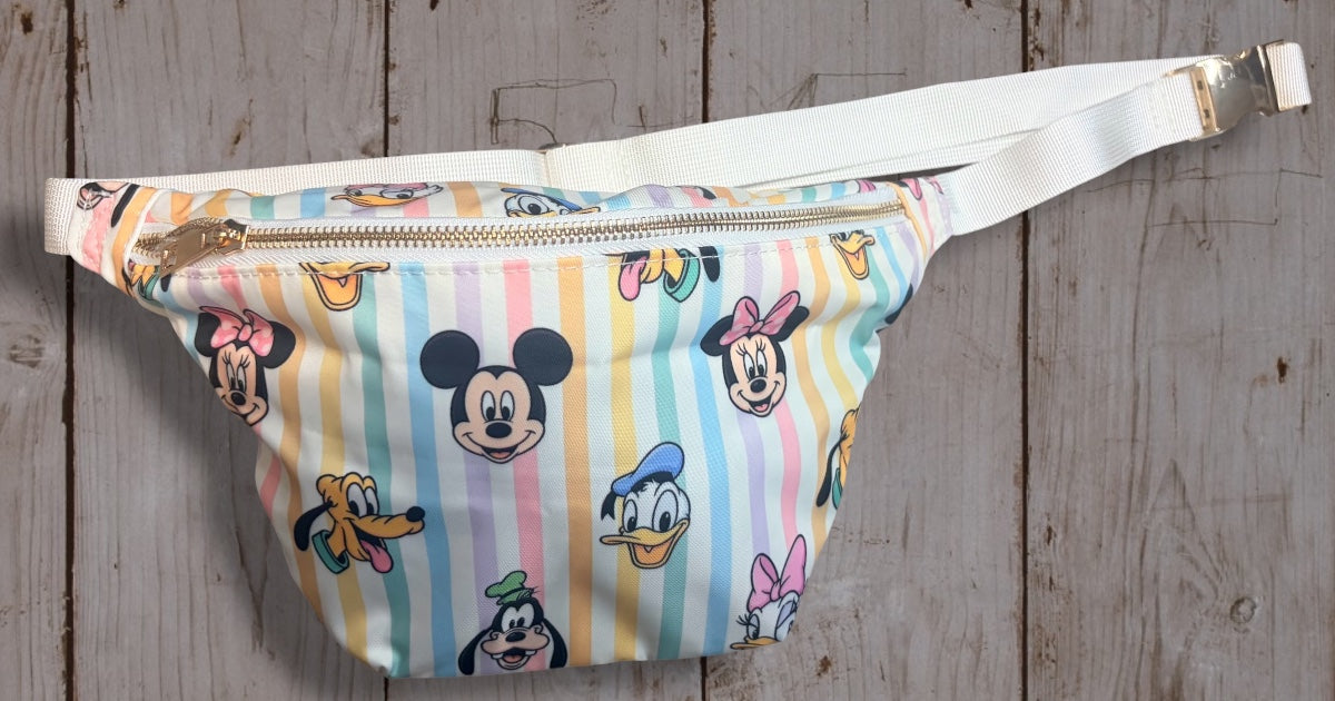 Pastel Rainbow Character Belt Bag | Mickey & Friends Striped Fanny Pack | Colorful Disney Inspired Crossbody Waist Bag | Cute Park Day Travel Bag