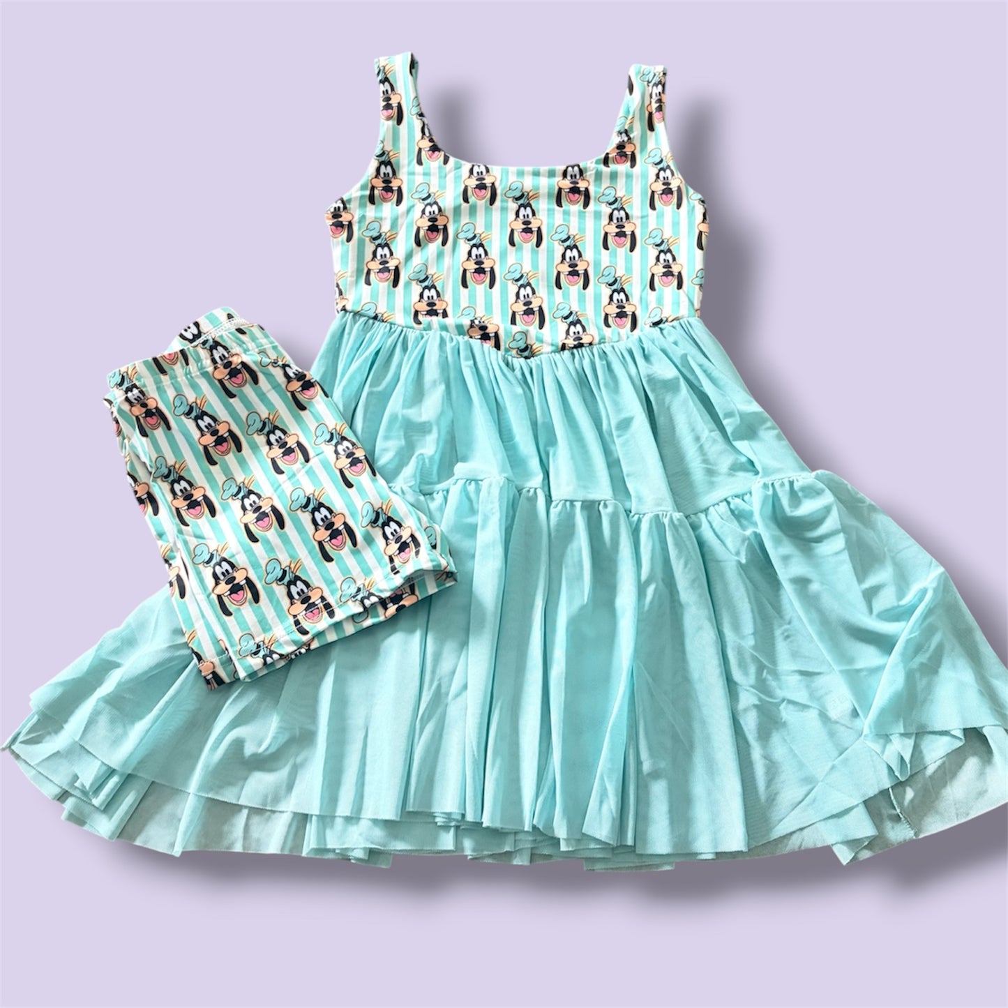 Goofy Aqua Twirl Dress & Matching Shorts Set | Character Inspired Girls Boutique Outfit | Soft Stretch Summer Dress
