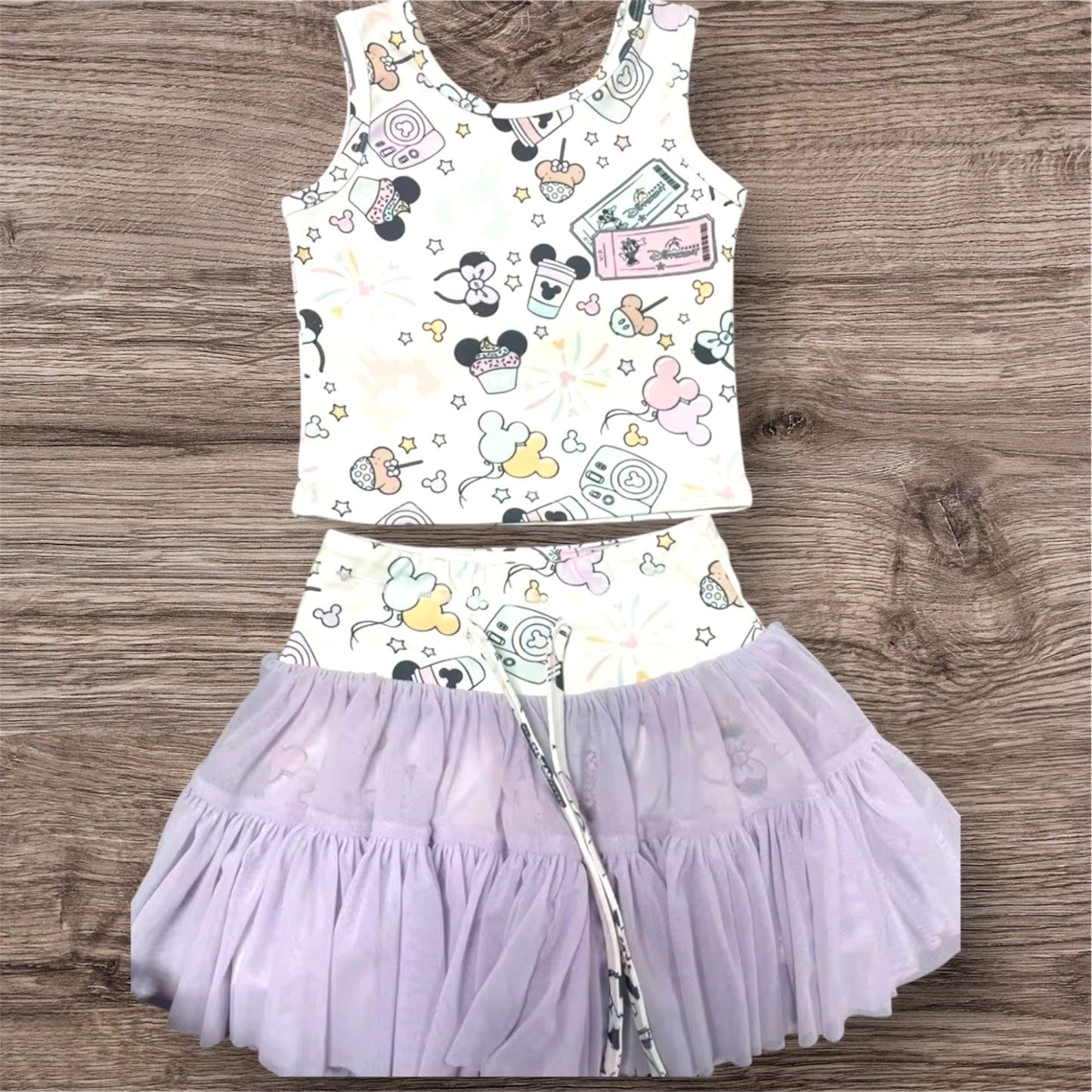 Magical Mom & Me Outfit Set – Pastel Park Print Top + Purple Mesh Skirt/ yoga wear sets/ matching magical sets