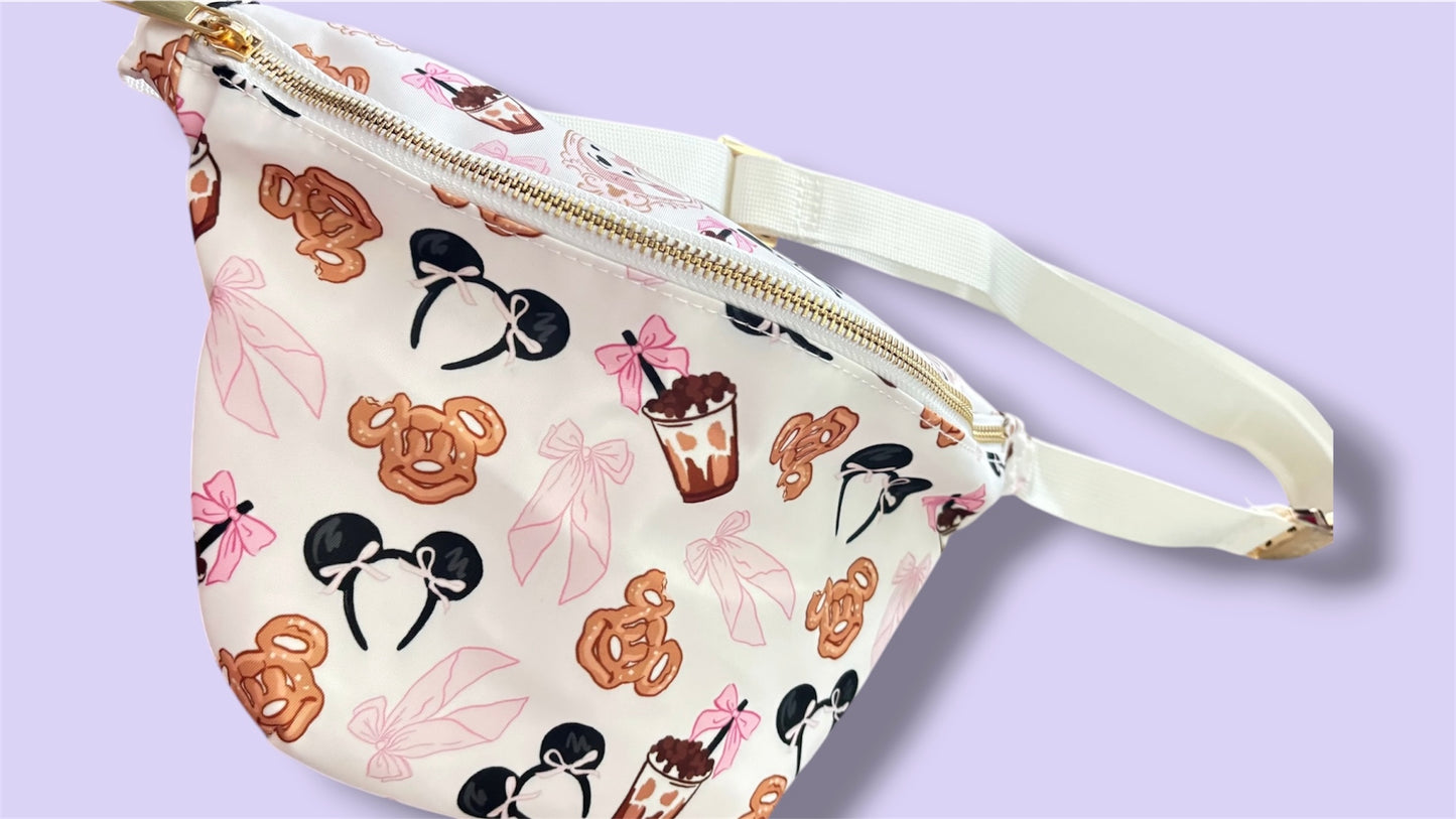 Girly Snacks Belt Bag | Theme Park Foodie Fanny Pack | Cute Bow Crossbody Bag | Magical Vacation Outfit Bag | Mommy & Me Matching Accessory