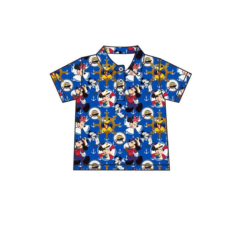 Nautical Character Print Boys Button Down Shirt | Cruise Vacation Tropical Ocean Shirt