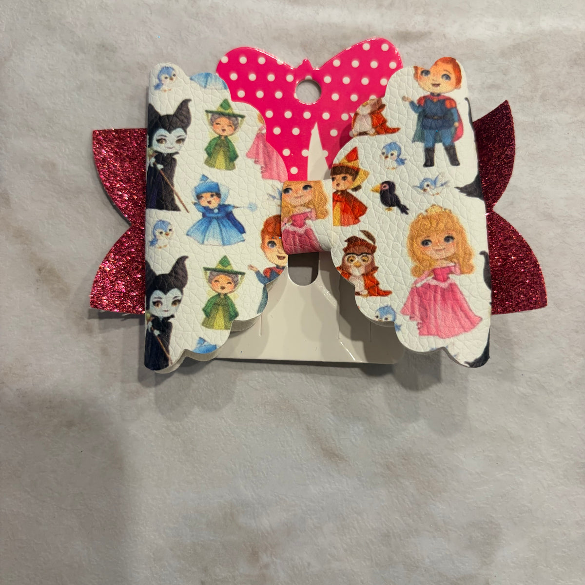 4” Sleeping Fairytale Princess Hair Bow | Pink Glitter Character Print Handmade Girls Bow