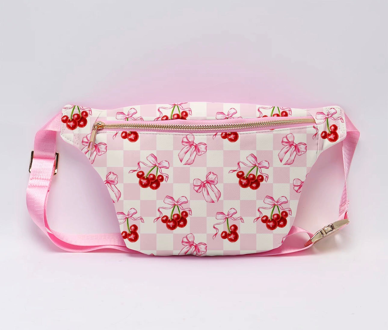 Cherry Mouse Belt Bag Pink Bow Crossbody Fanny Pack for Women & Girls | Cute Checkered Travel Bag, Festival & Theme Park Bag