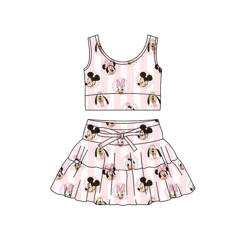 Magical Friends Girls Athletic Skirt Set | Full Length Tank Top & Twirl Skort | Mickey, Minnie, Daisy & Pluto Activewear | Boutique Kids Outfit | Theme Park Outfit | Pink Stripe Set