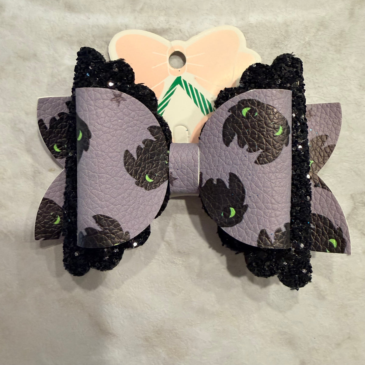 4” Toothless Dragon Hair Bow | Black Sequin & Purple Dragon Print Handmade Girls Bow