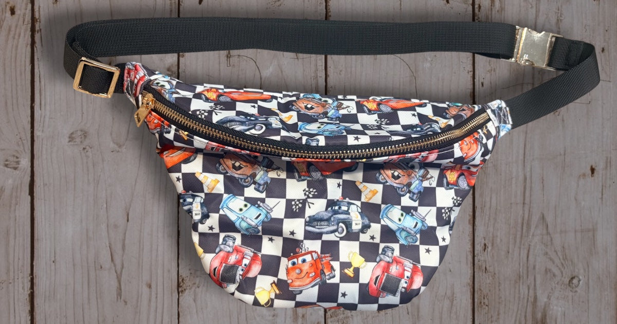 Cars Racing Belt Bag | Lightning McQueen & Racing Characters Fanny Pack | Checkered Flag Crossbody Waist Bag | Kids & Adult Travel Bag