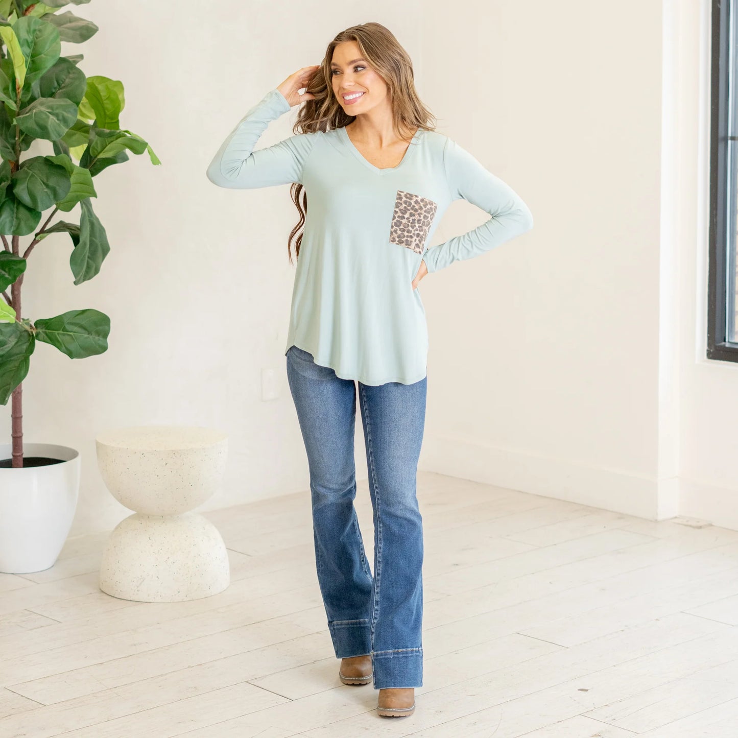 Zenana long sleeve leopard pocket