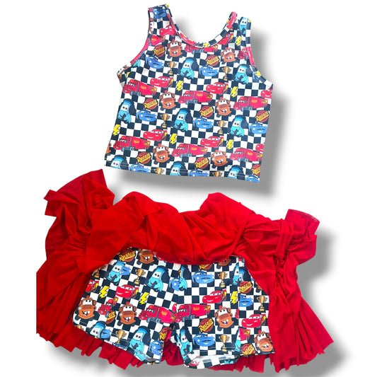 Girls Race Car Checkered Flag Ruffle Shorts Set with Red Bell Sleeve Top | Toddler & Kids Boutique Outfit