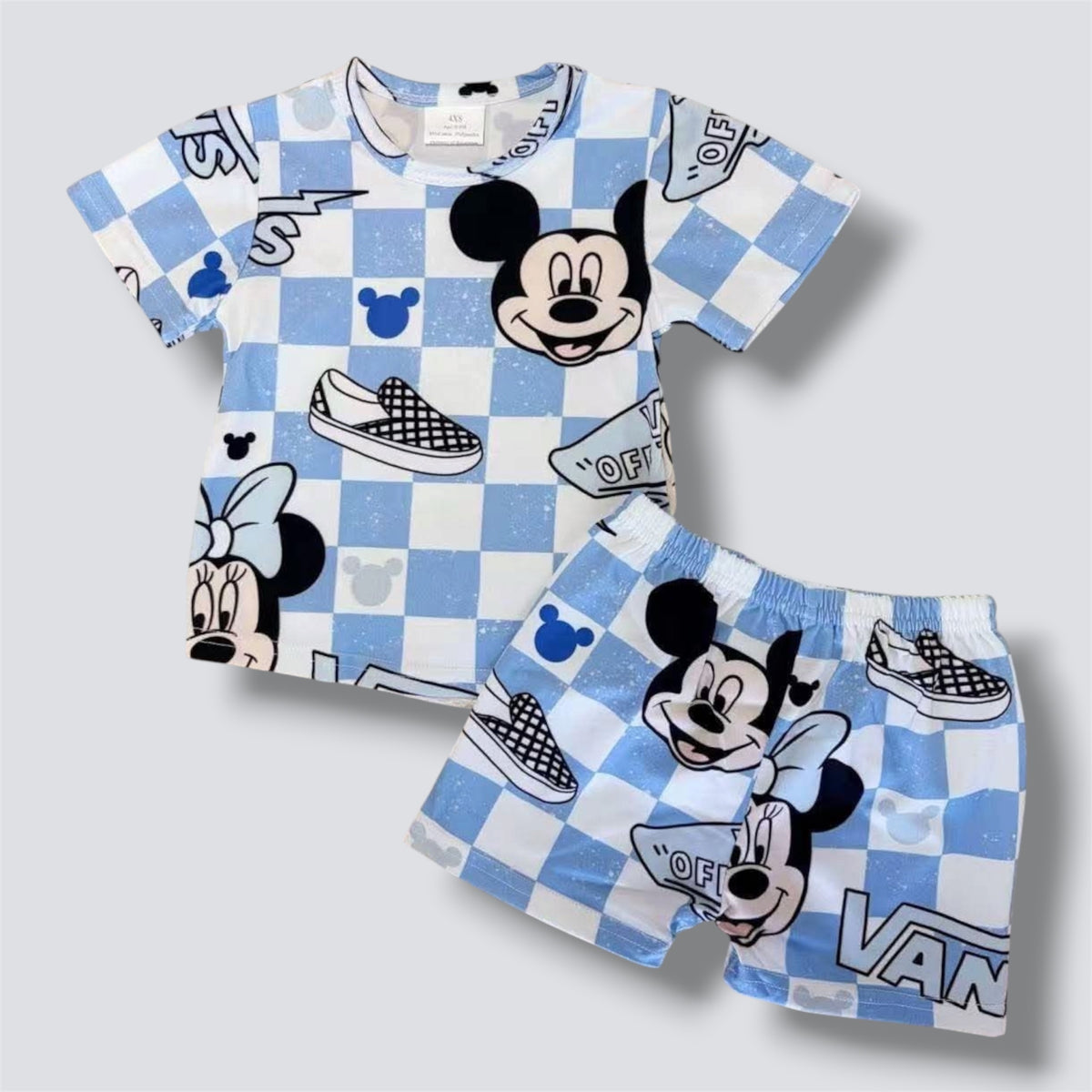 Boys Blue Checkerboard Character Print T-Shirt and Shorts Set, Main Street Park Outfit, Matching Family Vacation Wear