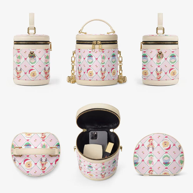 Pooh and Friends Christmas Barrel Bucket Bag, Holiday Character Crossbody Purse, Pink Festive Handbag, Magical Theme Park Bag