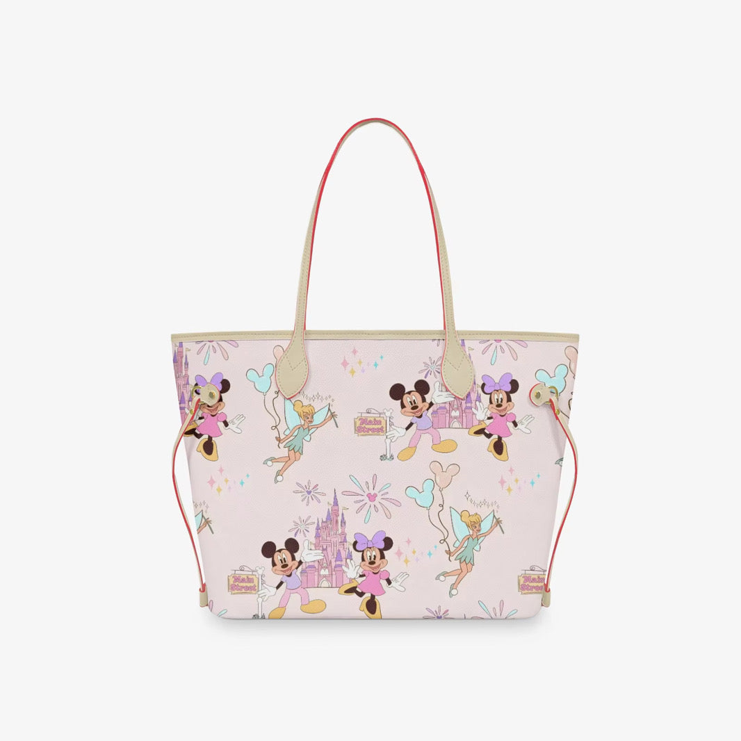Pink Main Street Character Tote Bag | Magical Castle Print Handbag | Fairy-Themed Shoulder Purse | Whimsical Theme Park Travel Bag