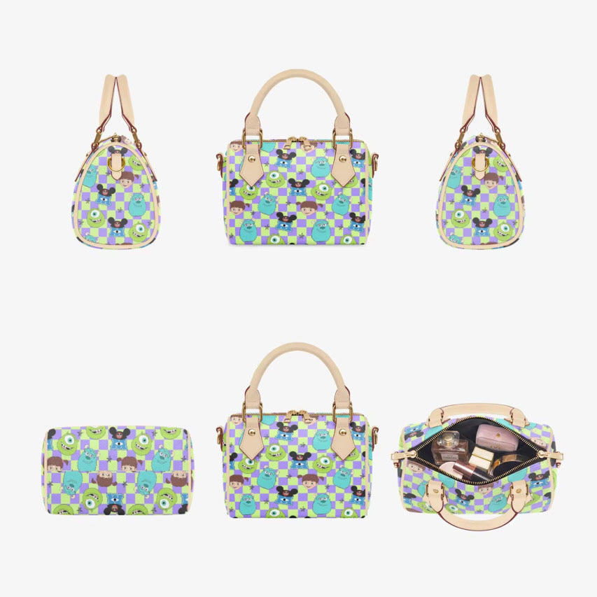 Monsters Inc Pillow Handbag | Sulley Mike Wazowski Boo Character Print Mini Boston Bag | Colorful Checkerboard Crossbody Purse