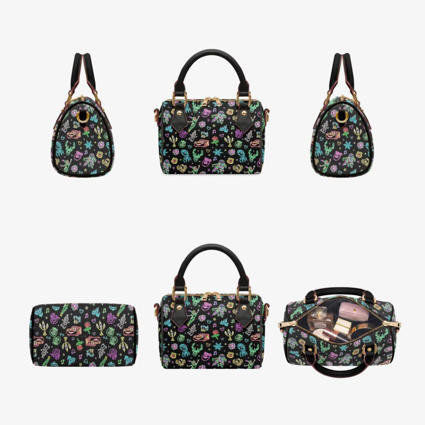 Glowing Neon Character Pillow Handbag | Colorful Glow-in-the-Dark Style Mini Boston Bag | Black Neon Print Crossbody Purse with Top Handles