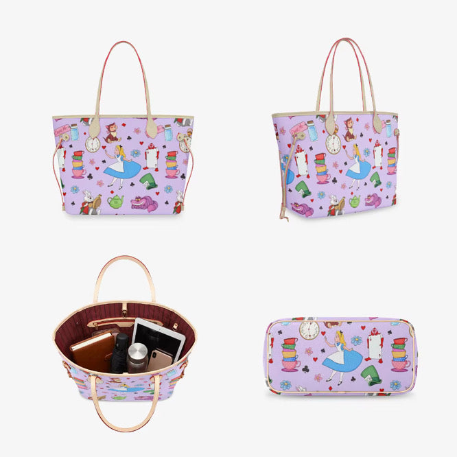 Alice Tote Bag, Purple Storybook Character Shoulder Bag, Mad Hatter Tea Party Purse, Whimsical Fantasy Shopper Tote