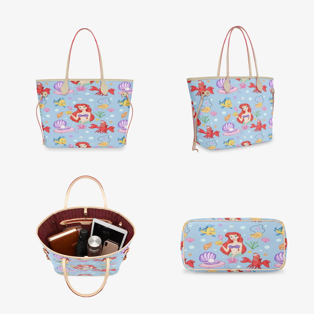 Under the Sea Tote Bag, Mermaid Ocean Princess Shoulder Purse, Seashell and Sea Life Print Handbag, Magical Vacation Shopper Tote