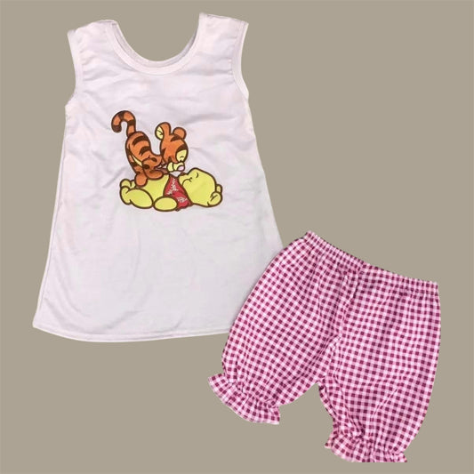 Baby Bear & Tiger Infant Outfit – Embroidered Baby Tank & Pink Gingham Bloomer Shorts Set – Baby Girl Summer Outfit – Classic Storybook Baby Clothes