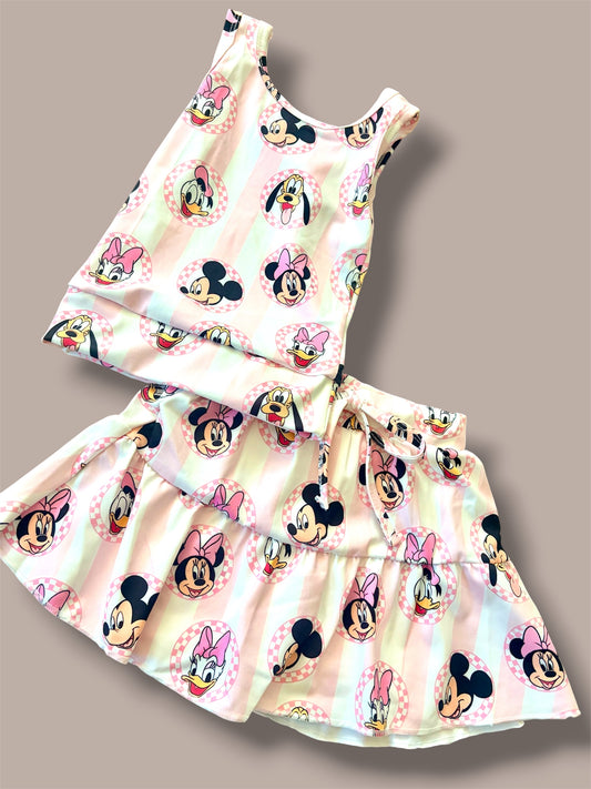 Magical Friends Girls Athletic Skirt Set | Full Length Tank Top & Twirl Skort | Mickey, Minnie, Daisy & Pluto Activewear | Boutique Kids Outfit | Theme Park Outfit | Pink Stripe Set