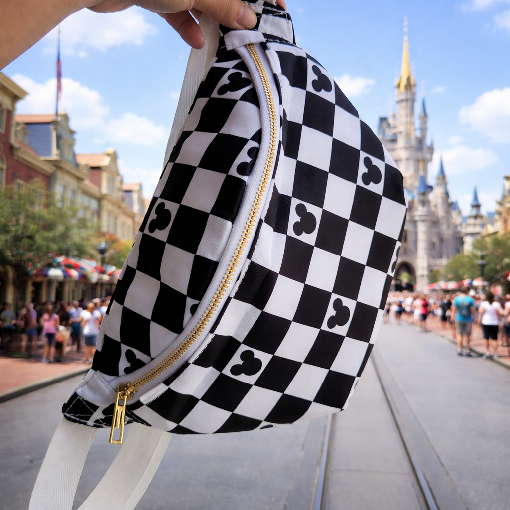 Black Magical Mouse Checkered Character Belt Bag | Crossbody Fanny Pack for Women & Girls, Theme Park Travel Bag, Cute Festival Waist Bag