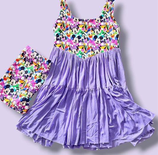 Magical Purple Character Friends Boutique Dress Set | Girls Twirl Dress with Matching Shorts