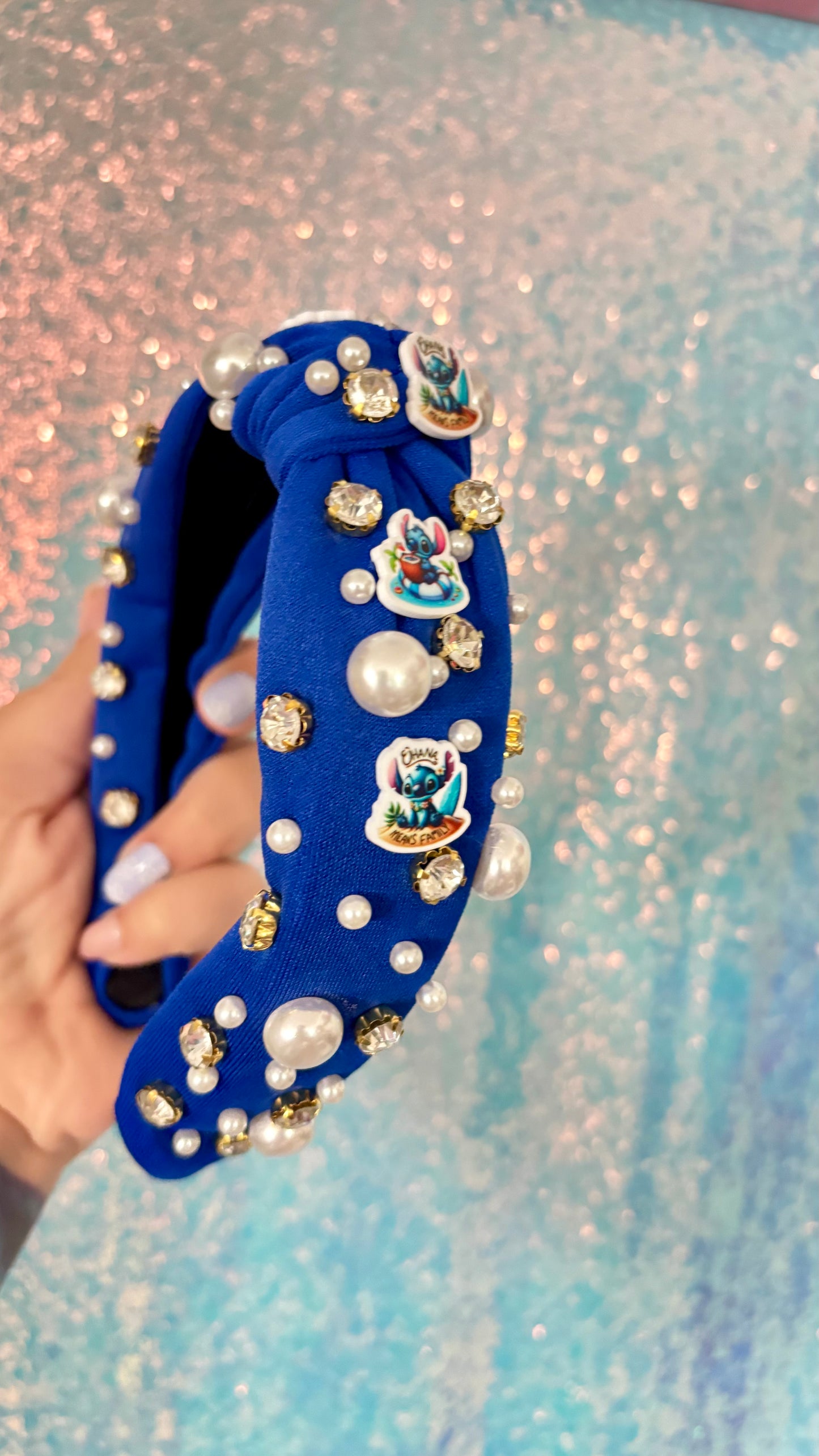 Magical Blue Alien Pearl Headband | Sparkly Park Day Headband | Rhinestone & Pearl Statement Headband for Women & Girls