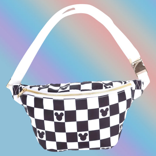 Black Magical Mouse Checkered Character Belt Bag | Crossbody Fanny Pack for Women & Girls, Theme Park Travel Bag, Cute Festival Waist Bag