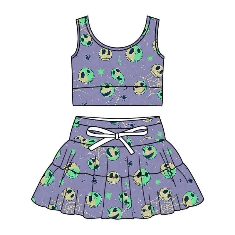 PREORDER Skeleton Pumpkin King Family Matching Yoga Set | Mommy & Me Spooky Purple Athletic Outfit | Halloween Skort Set