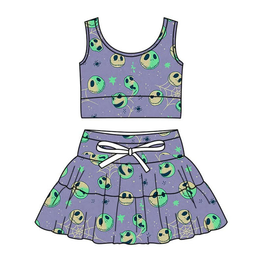 PREORDER Skeleton Pumpkin King Family Matching Yoga Set | Mommy & Me Spooky Purple Athletic Outfit | Halloween Skort Set