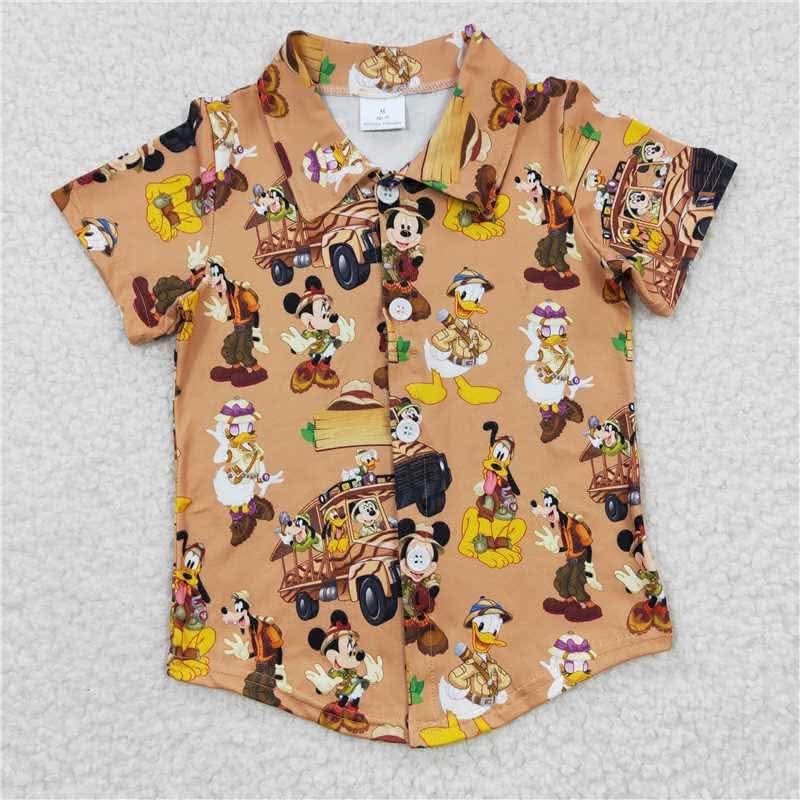 Mickey and friends Safari Adventure Character Button-Up Shirt for Boys | Jungle Expedition Collared Shirt | Family Vacation Outfit | Theme Park Button Down | Toddler & Kids Safari Shirt