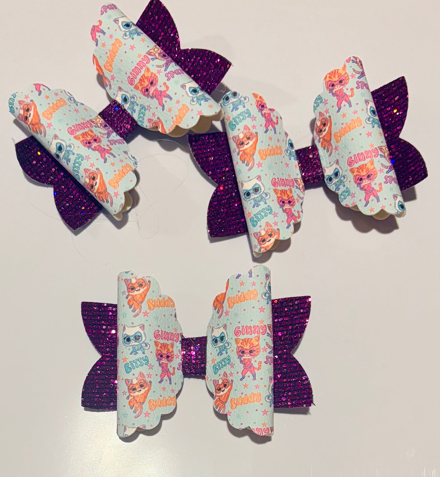 SuperKitties Inspired Hair Bow | 4 Inch Handmade Girls Hair Bow | Pink & Purple Glitter Boutique Hair Accessory