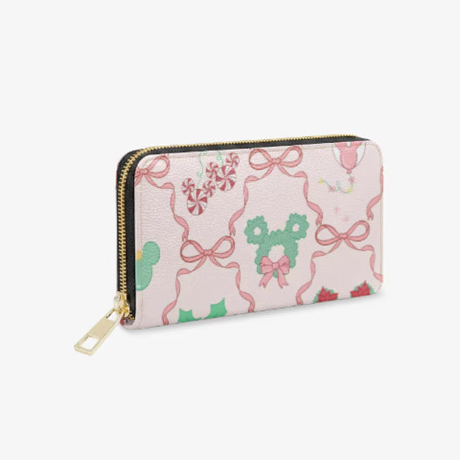 Main Street Christmas Zip Around Wallet | Pink Holiday Mouse Faux Leather Wallet | Festive Card Holder & Coin Purse for Women