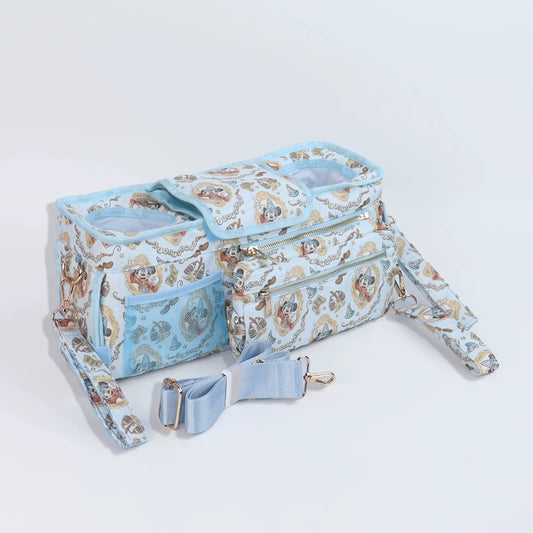 Fantasmic-Inspired Blue & Gold Character Print Diaper Bag Backpack, Multifunctional Baby Changing Bag with Zipper Pockets, Mesh Storage & Adjustable Straps