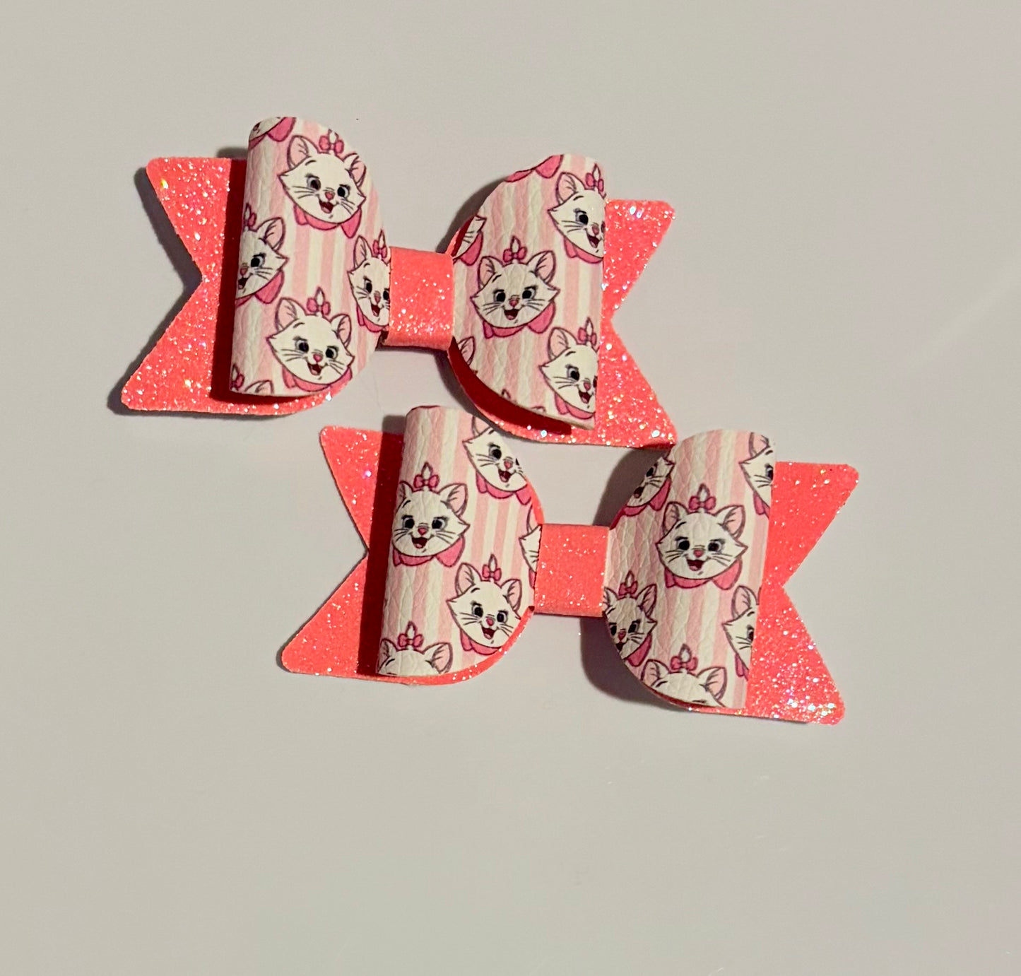 Marie Inspired Mini Piggie Bow Set | 2.5 Inch Handmade Girls Hair Bows | Pink Glitter Cat Hair Accessories