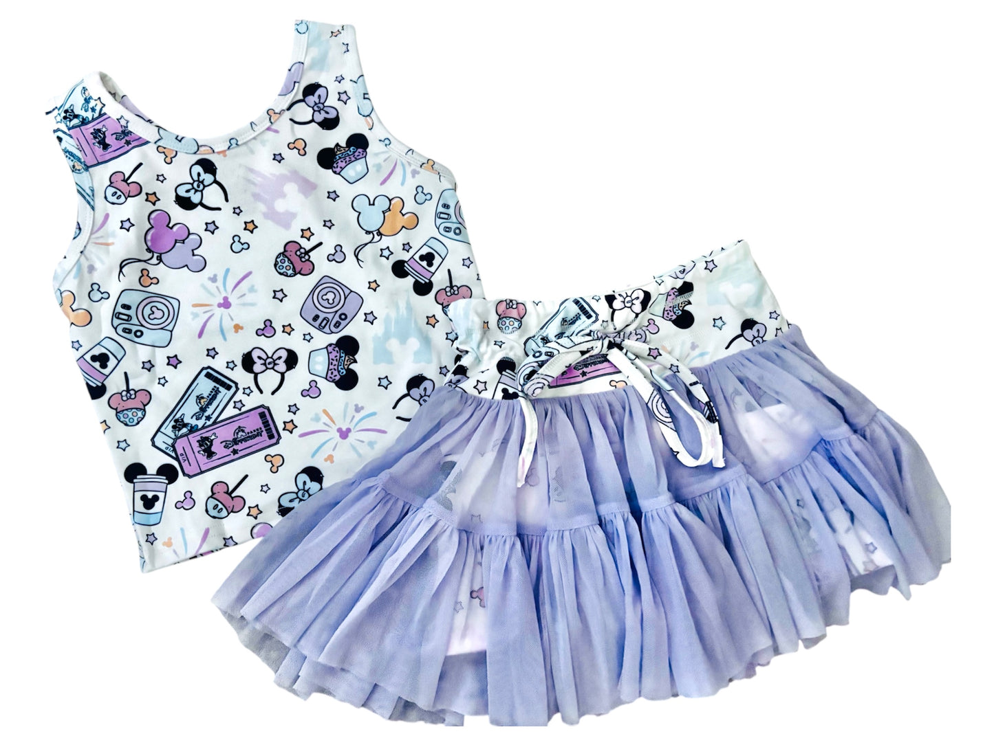 Magical Mom & Me Outfit Set – Pastel Park Print Top + Purple Mesh Skirt/ yoga wear sets/ matching magical sets
