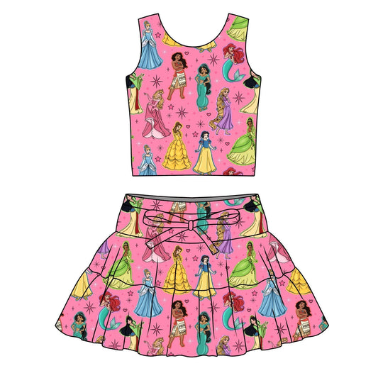 Girls Princess Inspired Pink Yoga Set | Athletic Tank Top & Skirt with Built-In Shorts | Boutique Activewear Outfit