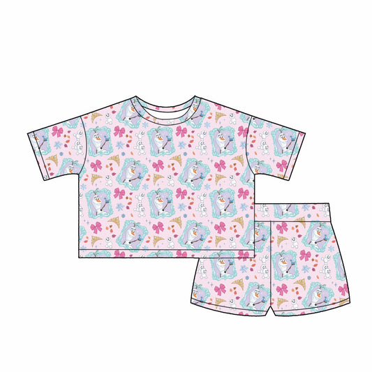 Women’s Olaf Waffle Lounge Set | Frozen Snowflake Pink Bow Short Sleeve Top & Shorts