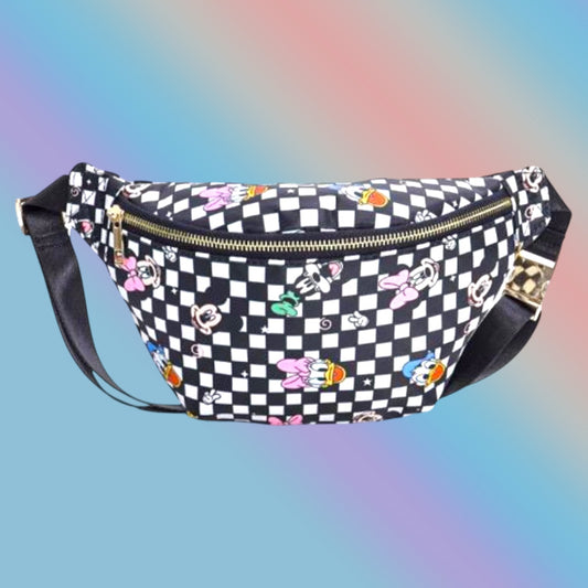 Black Magical Mouse Checkered Character Belt Bag | Crossbody Fanny Pack for Women & Girls, Theme Park Travel Bag, Cute Festival Waist Bag